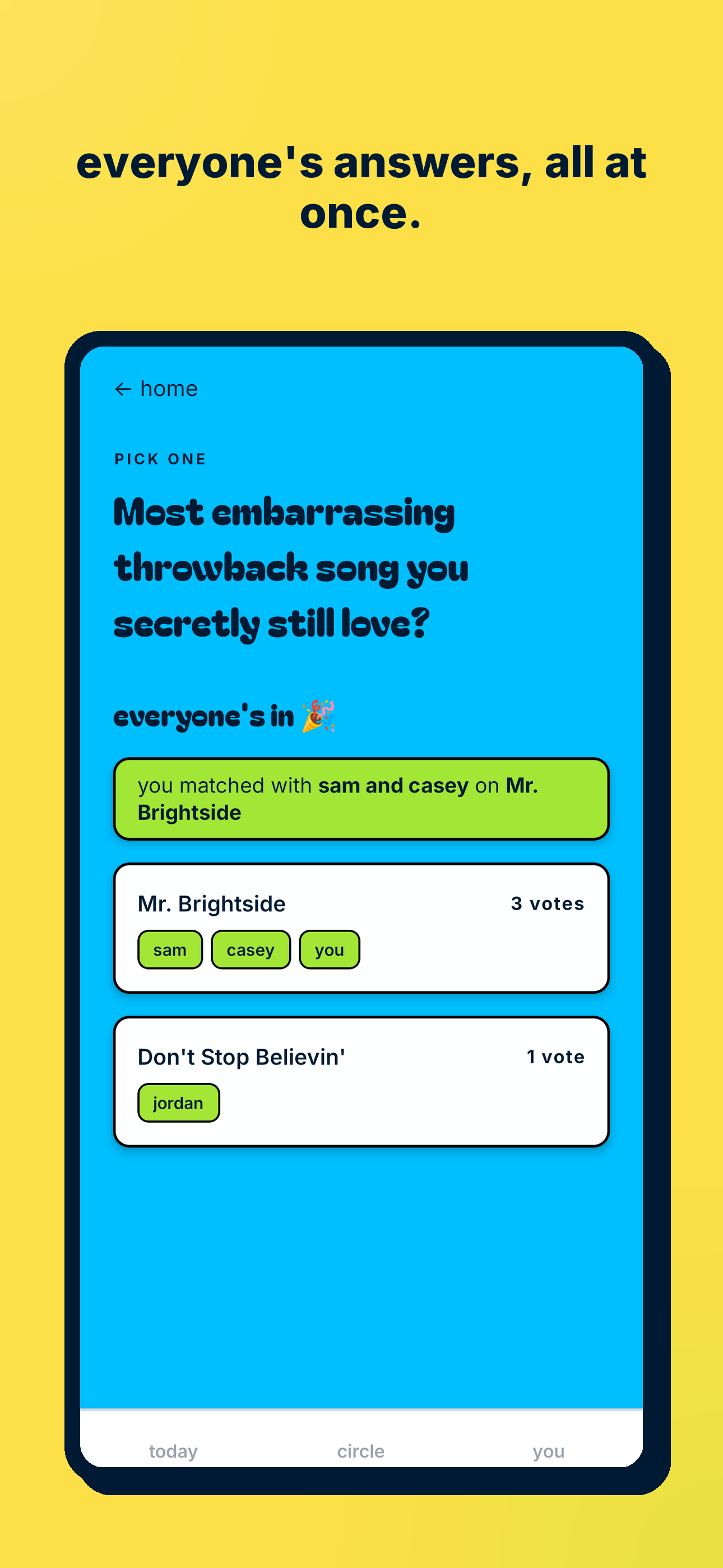 truelike app — the reveal moment: everyone's answers shown at once